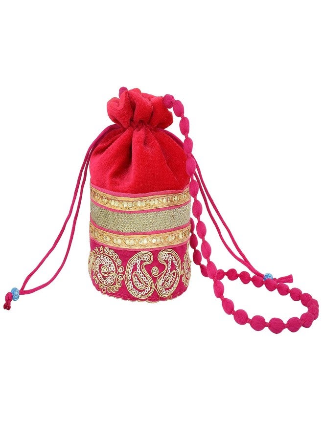Memoir Silky Satin, Rani Pink,handmade Zari Work Ethnic Potli handbag Women Ladies - Image 1